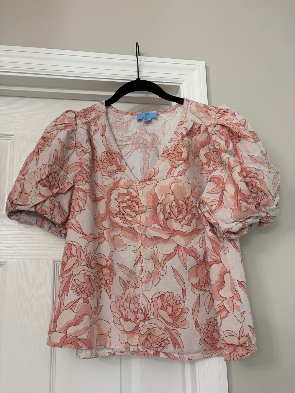 Cece Floral Puff Sleeve V-Neck Top in Blush Pink